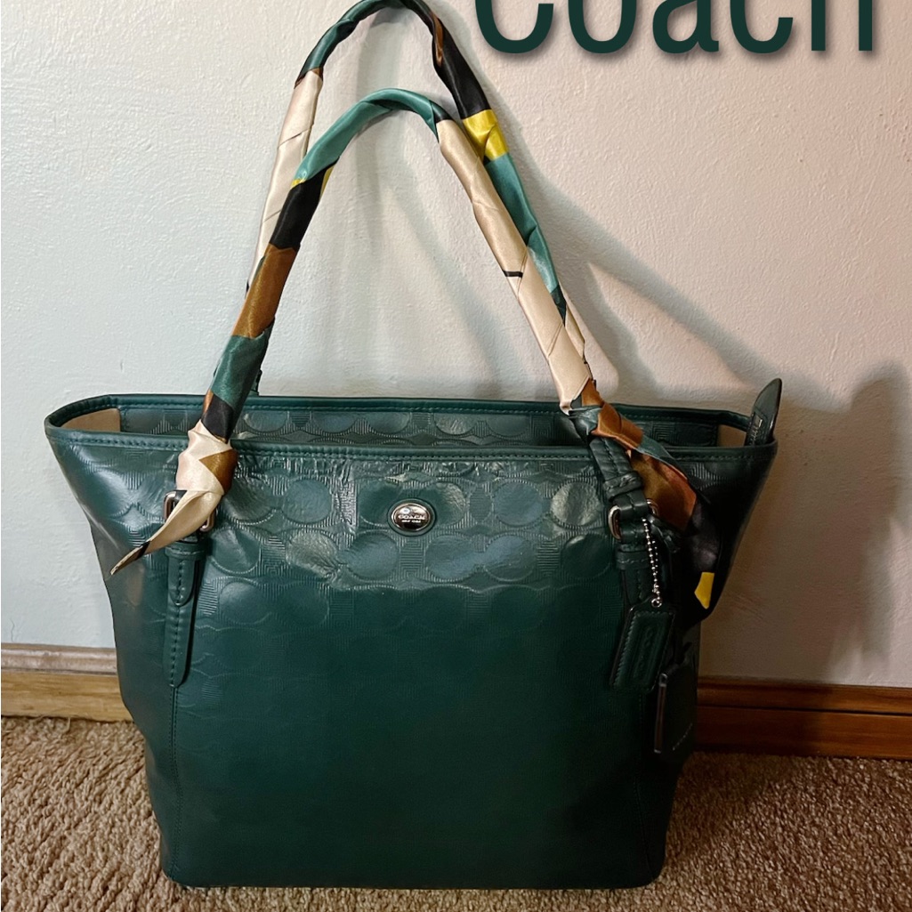 Coach Forest Green Tote With Vibrant Handles
